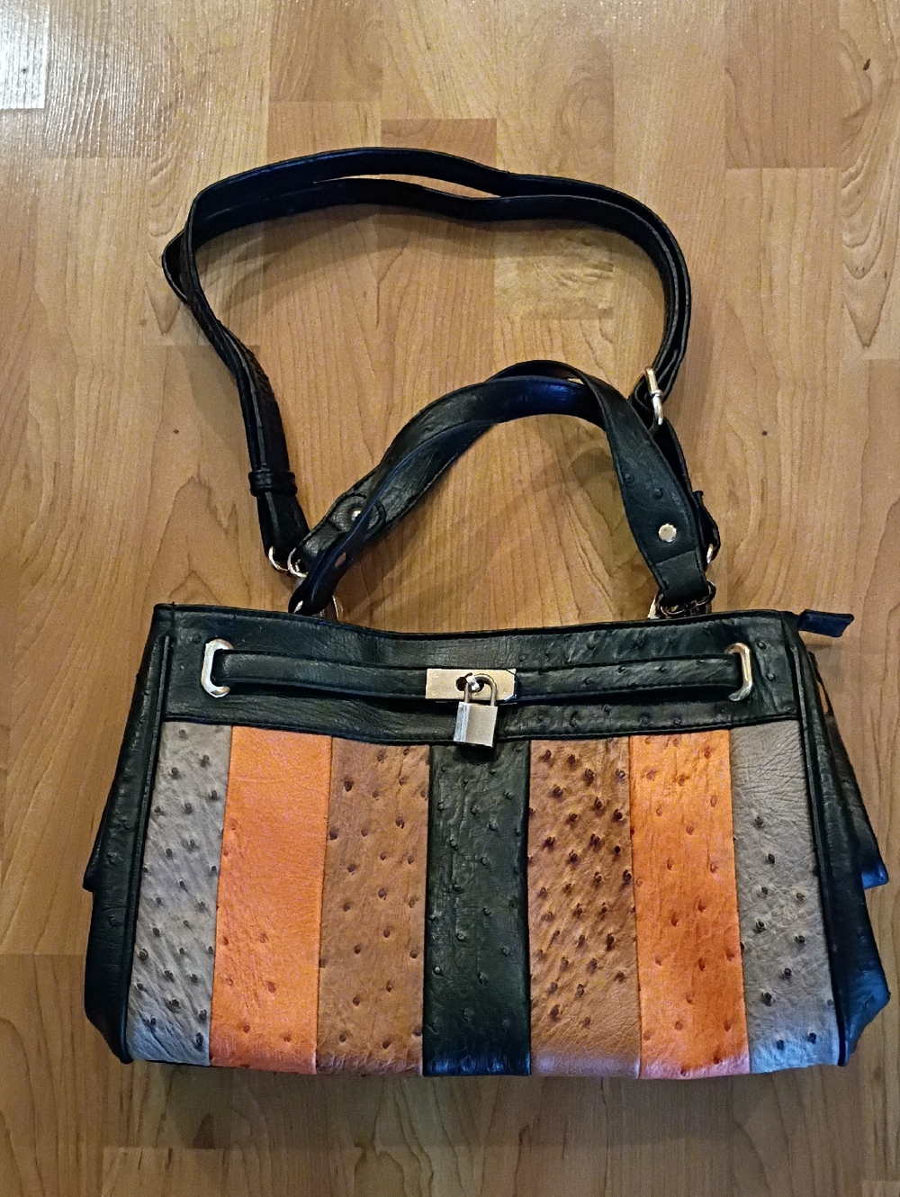 Striped Multicolor Ostrich-Texture Satchel Handbag - Black, Orange, Brown, Gray